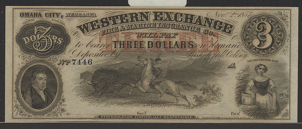 Omaha City, Nebraska 1857 $3, Western Exchange Insurance Co., SN 7446 Remainder, GemCU